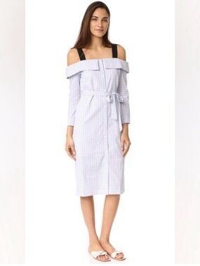 English Factory Blue and White Checked Off-Shoulder Midi Dress